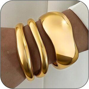 3 Pcs Chunky Gold Bangles for Women | Adjustable Spring-Loaded Bracelet Set.